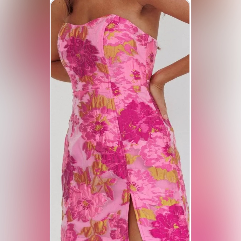 Showpo Strapless Floral Dress in Pink and Gold